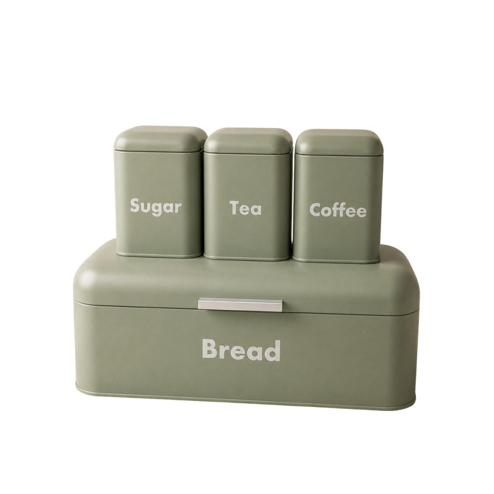ΣΕΤ 4 ΠΡΑΣΙΝΗ ΜΕΤΑΛΛΙΚΗ ΨΩΜΙΕΡΑ ΜΕ 3 ΚΟΥΤΙΑ (TEA COFFEE SUGAR) 41Χ22Χ16ΕΚ 10,5Χ10,5Χ15ΕΚ