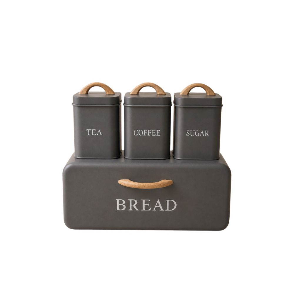 ΣΕΤ 4 ΓΚΡΙ ΜΕΤΑΛΛΙΚΗ ΨΩΜΙΕΡΑ ΜΕ 3 ΚΟΥΤΙΑ (TEA COFFEE SUGAR) 35Χ21Χ20ΕΚ 11Χ11Χ14ΕΚ