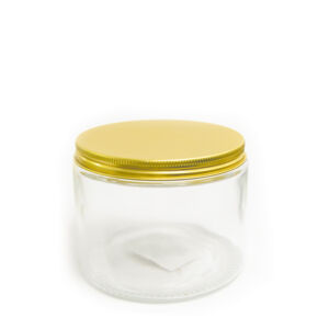 Βαζάκι γυάλινο 9.3cm x 6.5cm με χρυσό βιδωτό καπάκι 250ml
